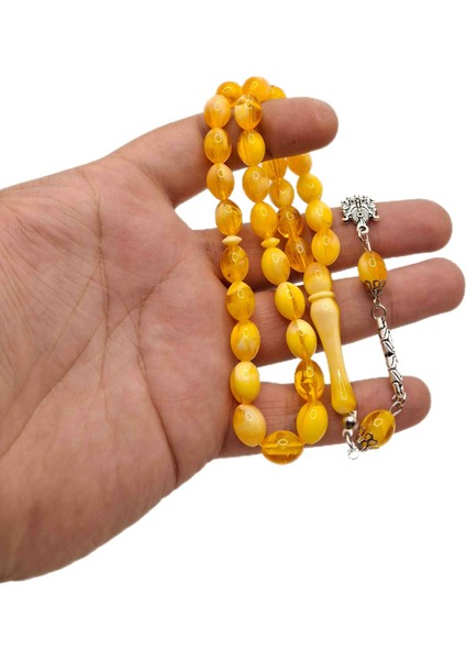 Sarı Renk Beyzi Kesim Toz Kehribar Tesbih