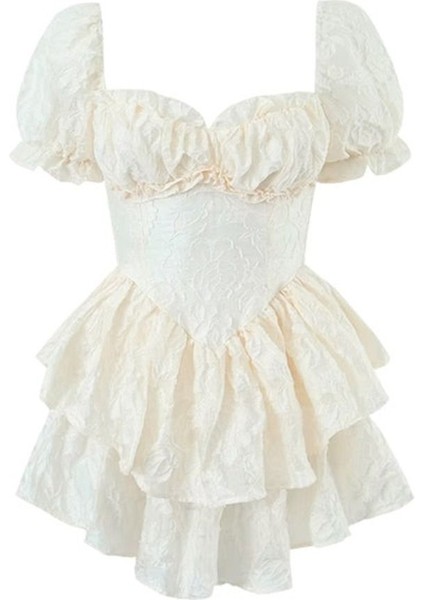 Orta Çağ Kabarık Balon Kol Kabartma Kumaş Süper Mini Elbise Krem modelleri