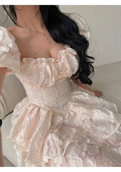 Orta Çağ Kabarık Balon Kol Kabartma Kumaş Süper Mini Elbise Krem indirimleri