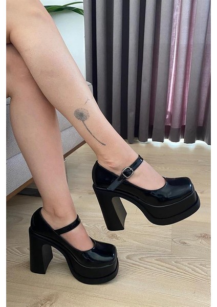 Kadın Napoli Siyah Rugan Tek Baretli (12 cm ) Platform Topuklu Ayakkabı