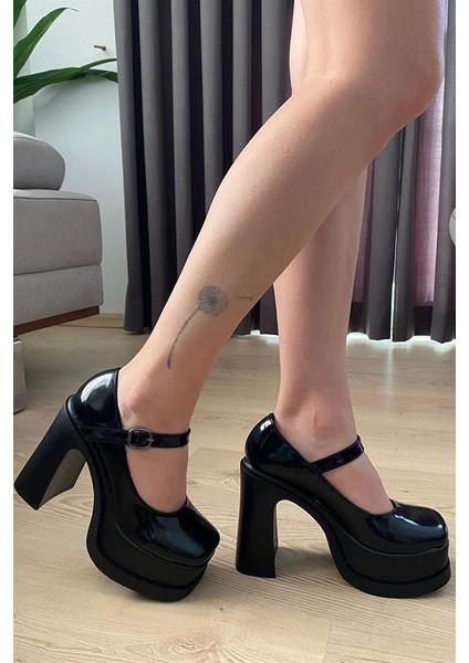 Kadın Napoli Siyah Rugan Tek Baretli (12 cm ) Platform Topuklu Ayakkabı