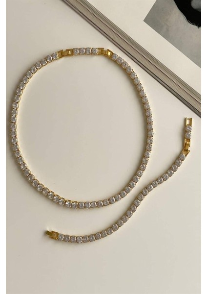 Özel Kaplama Gold Renk İri Taşlı Su Yolu Kolye (45 cm)