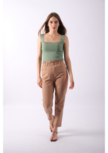 Yüksek Bel Lastikli Kahve Mom Jeans