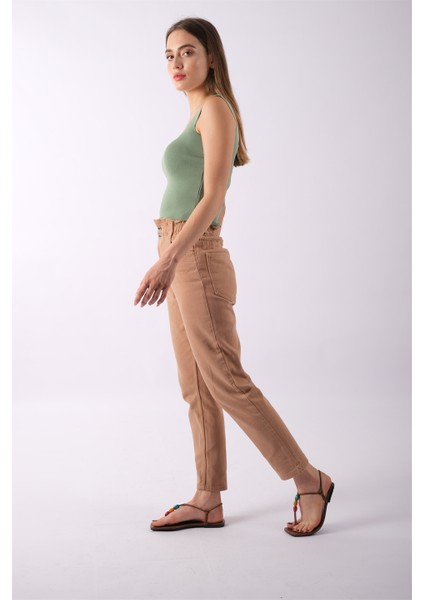 Yüksek Bel Lastikli Kahve Mom Jeans