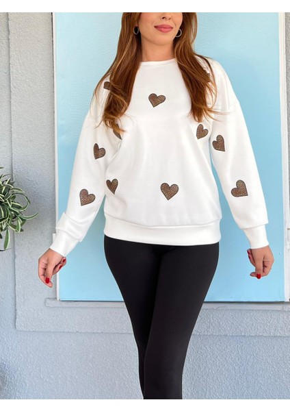 Kalp Desenli Bayan Sweatshirt Beyaz - L