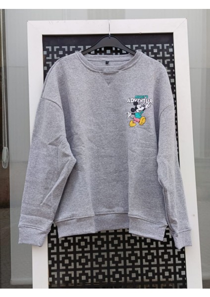 Çizgi Film Karakteri Baskılı Sweatshirt Gri - S