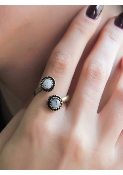 Doğal Taş Ikili Dentirit Opal Doğal Taşlı Ayarlanabilir Yüzük EUY25DO