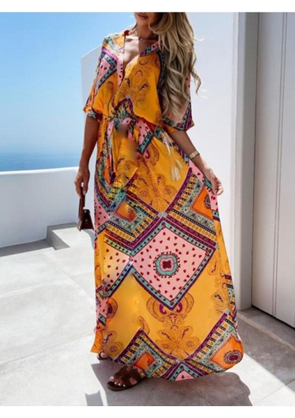 Kelebek Kesim Çift Püsküllü Büzgülü Otantik Şal Desenli Keten Bohem Uzun Elbise