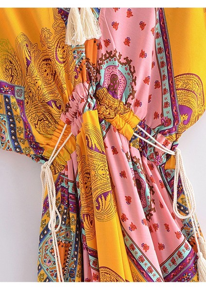 Kelebek Kesim Çift Püsküllü Büzgülü Otantik Şal Desenli Keten Bohem Uzun Elbise fiyatları