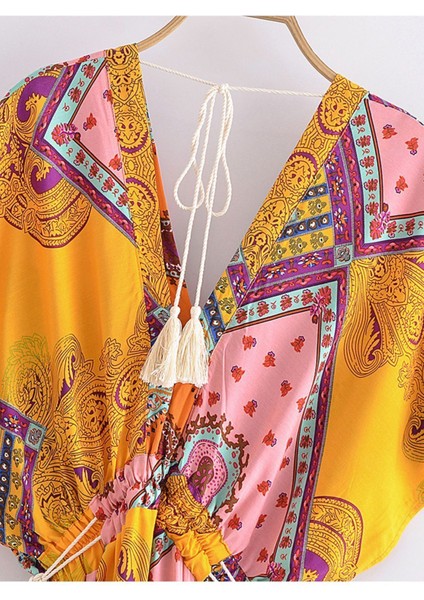 Kelebek Kesim Çift Püsküllü Büzgülü Otantik Şal Desenli Keten Bohem Uzun Elbise modelleri