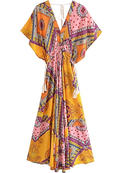 Kelebek Kesim Çift Püsküllü Büzgülü Otantik Şal Desenli Keten Bohem Uzun Elbise fırsatları