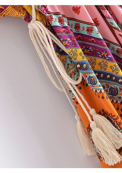 Kelebek Kesim Çift Püsküllü Büzgülü Otantik Şal Desenli Keten Bohem Uzun Elbise indirimleri