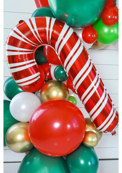 Baston Şeker Folyo Balon Kırmızı Beyaz Yılbaşı Balonu 80CM