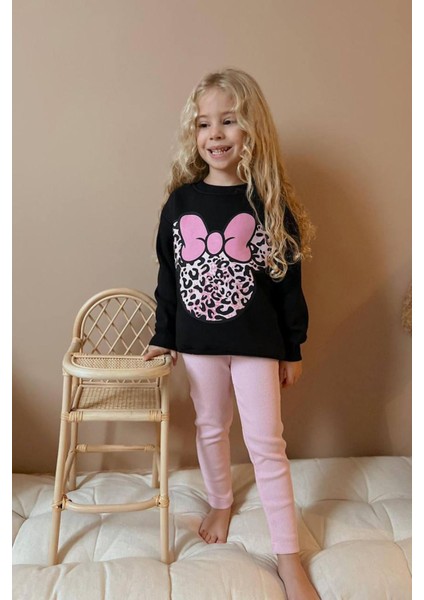 Leopar Desen Fitilli Taytlı Kız çocuk takım - Pembe