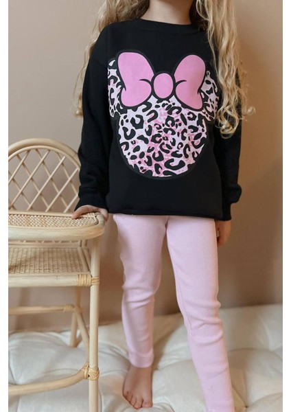 Leopar Desen Fitilli Taytlı Kız çocuk takım - Pembe modelleri