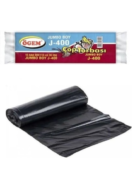 J-400 Jumbo Boy Çöp Torbası 80 x 110 cm 10'lu Rulo x 1 Paket = 10 Adet (Siyah)