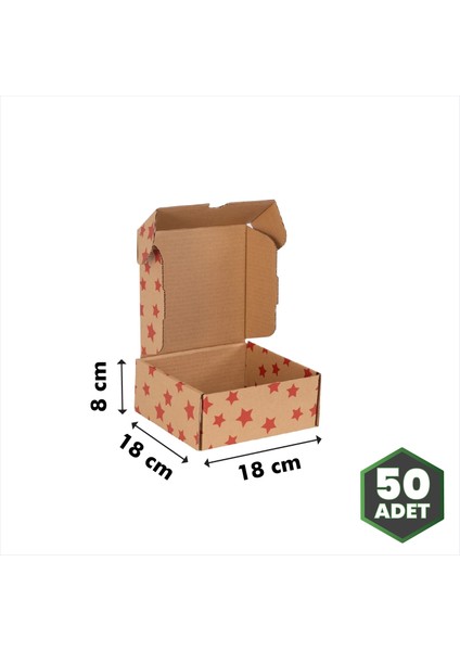 Hediye Kutusu Kırmızı Yıldız Baskılı Kendinden Kapaklı Kraft 18X18X8 cm - 50 Adet