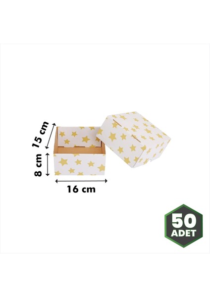 Hediye Kutusu Altın Sarı Yıldız Baskılı Gövde+Kapak Beyaz 16X15X8 cm - 50 Adet