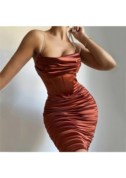 Kalın Kumaşlı Parıltı Askılı Diz Hizası Dar Abiye Düğün Kokteyl Elbise Kiremit