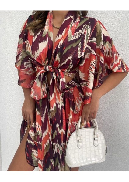 Akışkan Zikzak Desenli Bohem Lastik Bel Etek Kelebek Kesim Salaş Bağlamalı Krop Yazlık Takım modelleri