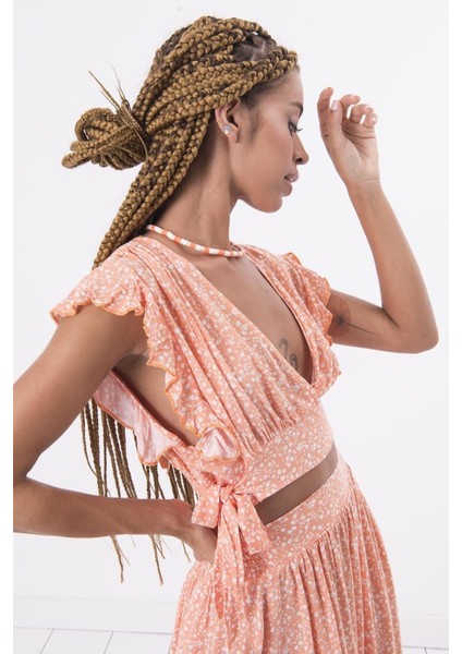 Çiçekli Viskon Fırfırlı Bağlamalı Lastikli Bohem Yazlık Bluz Mini Etek Ikili Takım