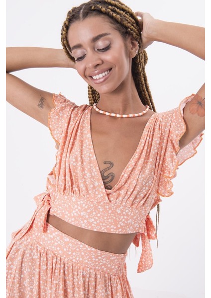 Çiçekli Viskon Fırfırlı Bağlamalı Lastikli Bohem Yazlık Bluz Mini Etek Ikili Takım indirimleri