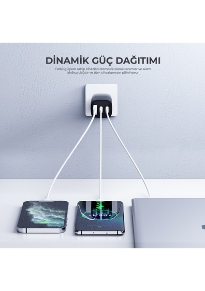 UC20 65W Gan Teknoloji Hızlı Şarj Adaptörü - 2 Type-C, 1 USB Girişi (Macbook ve Iphone Uyumlu)