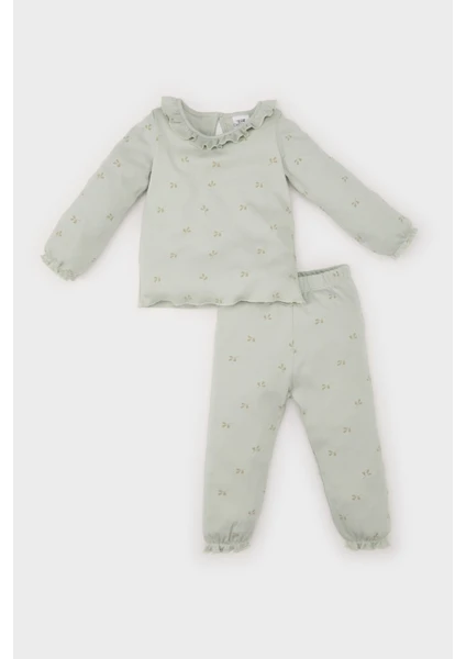 Kız Bebek Pijama Takımı Fırfırlı Yaka Desenli Uzun Kollu Üst Beli Lastikli Alt D7164A524WN