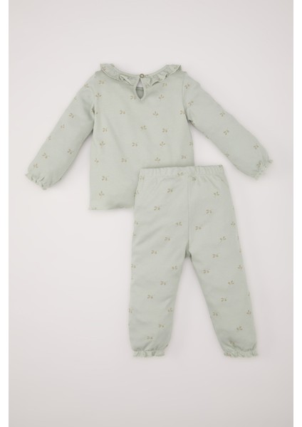 Kız Bebek Pijama Takımı Fırfırlı Yaka Desenli Uzun Kollu Üst Beli Lastikli Alt D7164A524WN