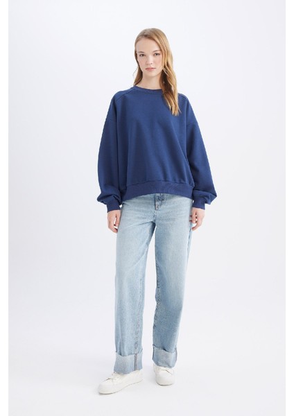 Coool Oversize Geniş Kalıp Bisiklet Yaka Kalın Basic Düz Sweatshirt A4177AX24WN