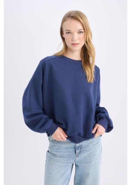 Coool Oversize Geniş Kalıp Bisiklet Yaka Kalın Basic Düz Sweatshirt A4177AX24WN