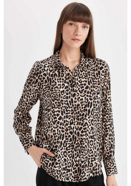 Regular Fit Leopar Desenli Uzun Kollu Gömlek I8266AZ24AU