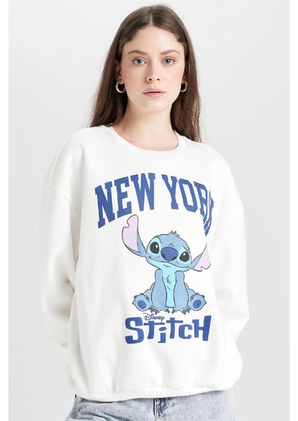 Coool Disney Lilo & Stitch Oversize Geniş Kalıp Bisiklet Yaka Baskılı Kalın Sweatshirt D4812AX24WN