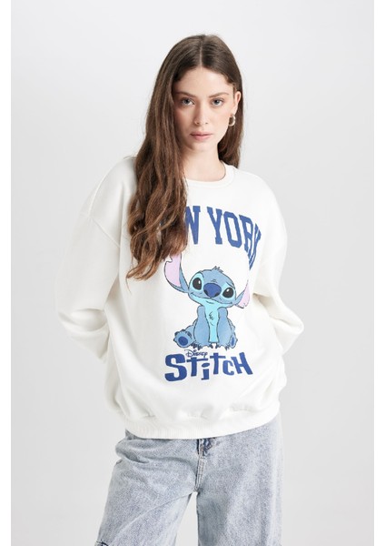 Coool Disney Lilo & Stitch Oversize Geniş Kalıp Bisiklet Yaka Baskılı Kalın Sweatshirt D4812AX24WN