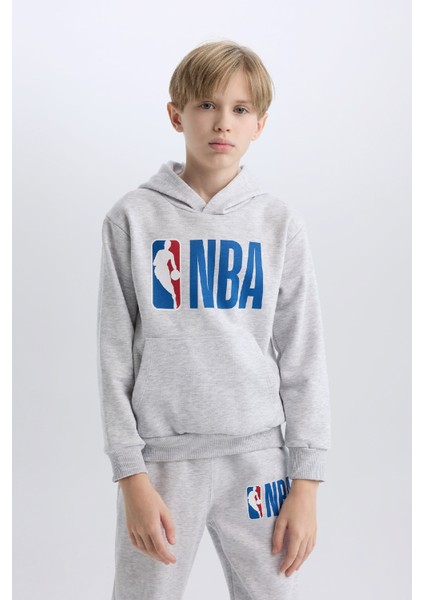 Erkek Çocuk Gri NBA Wordmark Kapüşonlu Kalın Sweatshirt D4857A824WN