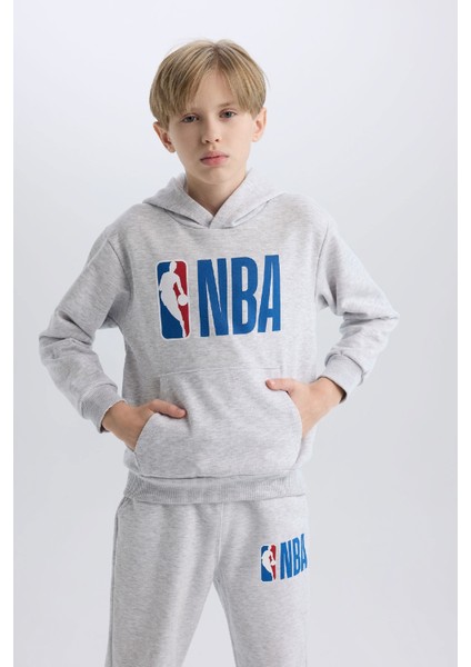 Erkek Çocuk Gri NBA Wordmark Kapüşonlu Kalın Sweatshirt D4857A824WN