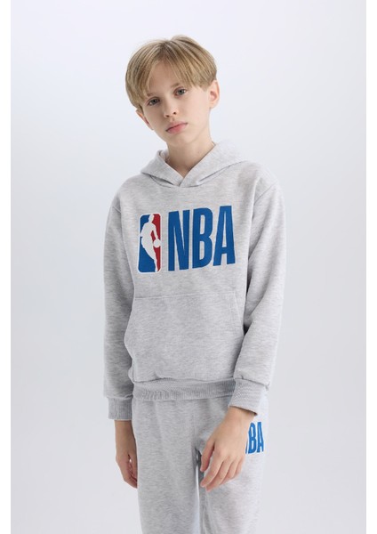 Erkek Çocuk Gri NBA Wordmark Kapüşonlu Kalın Sweatshirt D4857A824WN