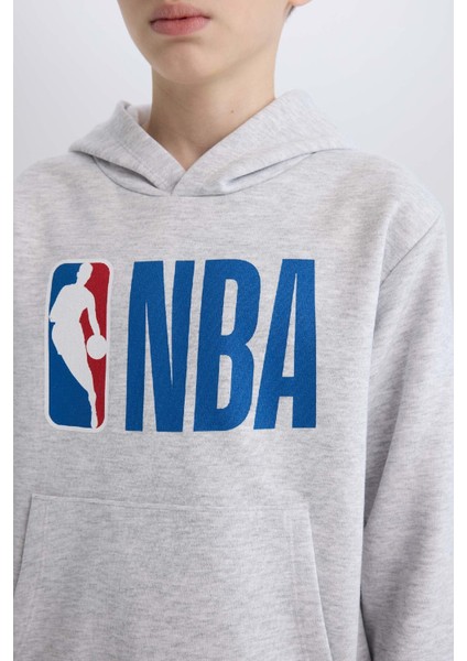 Erkek Çocuk Gri NBA Wordmark Kapüşonlu Kalın Sweatshirt D4857A824WN