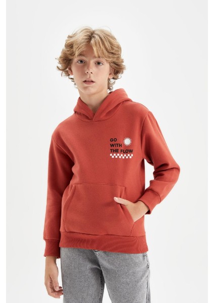 Erkek Çocuk Cepli Yazı Baskılı Kapüşonlu Kalın Okul Sweatshirt C7567A824WN