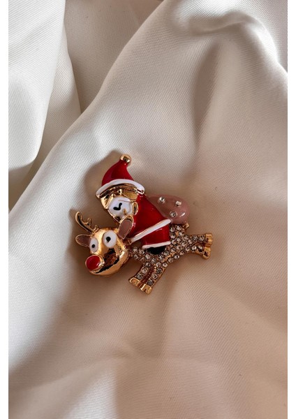 Yılbaşı Kristal Taşlı Geyik Süren Noel Baba Broş Yaka Iğnesi