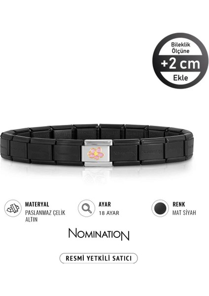 Italy Composable 18 Ayar Altın Hibiscus Çiçeği ve Çelik Bileklik Mat Siyah