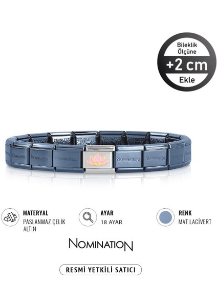 Italy Composable 18 Ayar Altın Lotus Çiçeği ve Çelik Bileklik Mat Lacivert