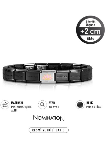 Italy Composable 18 Ayar Altın Lotus Çiçeği ve Çelik Bileklik Parlak Siyah