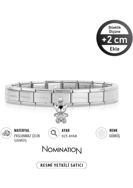Italy Composable 925 Ayar Gümüş Taşlı Sallanan Ayıcık ve Çelik Bileklik Sılver