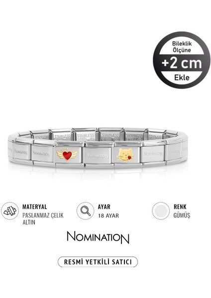 Italy Composable 18K Altın Melek Kalp & 18K Altın Öpücük Kedi Paslanmaz Çelik Silver Sılver
