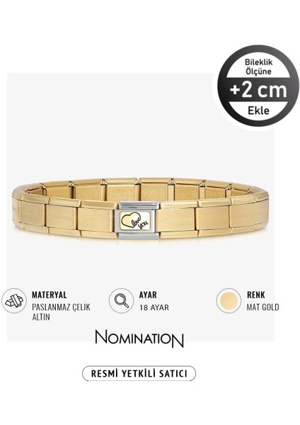 Italy Composable 18 Ayar Altın Love Yazılı Kalp ve Çelik Bileklik Mat Gold