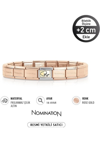 Italy Composable 18 Ayar Altın Love Yazılı Kalp ve Çelik Bileklik Rose