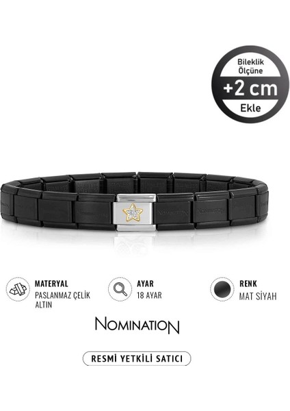 Italy Composable 18 Ayar Altın Pırlanta Taşlı Yıldız ve Çelik Bileklik Mat Siyah