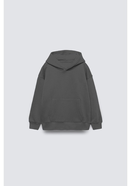 The Champ Clothing Füme Basic Çocuk Kapüşonlu Kanguru Cep Detaylı Içi Polar Oversize Sweatshirt