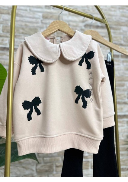 Yeni Sezon Kız Çocuk Fiyonk Baskılı Bebe Yaka Pamuklu Sweatshirt Ispanyol Paça Fitilli Taytlı Takım fiyatları